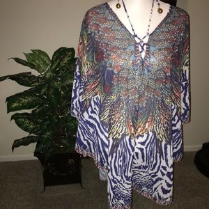 PACIFIC PEARLS NWOT AUTHENTIC BLUE MULTICOLOR CHIFFON BAROQUE PEARL TUNIC